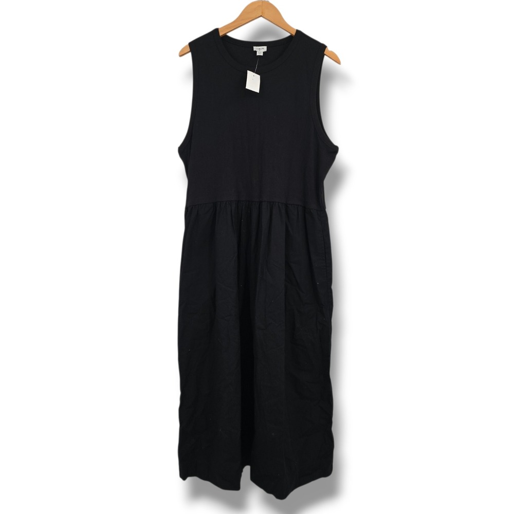 New J.Crew Womens Black Ribbed Mixed Media‎ Poplin Midi Dress Pockets Size XXL